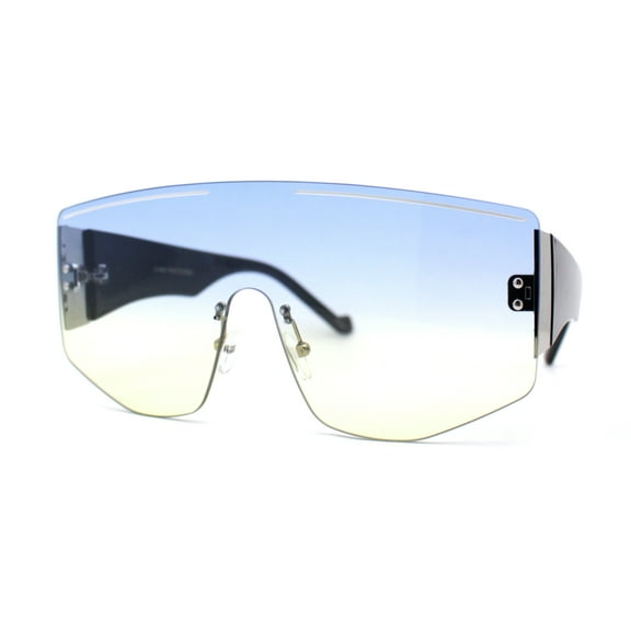 Oversized Shield Curved Top Thick Temple Mob Fashion Sunglasses Black Blue Yellow
