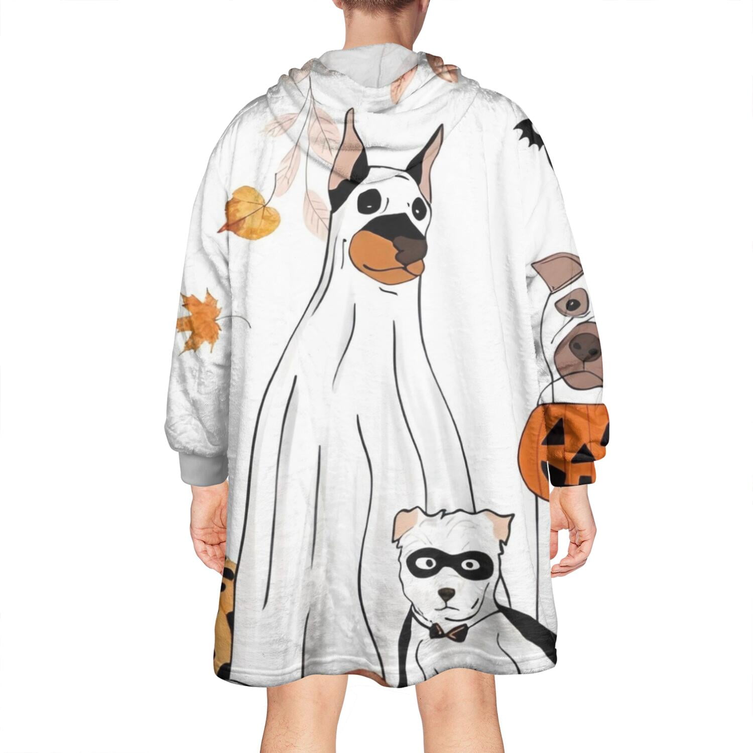 Wearable Oversized Blanket,Halloween Dogs in Ghost Costumes Wearable Blanket Hoodie for Adults,Cozy Hooded Blankets with Super Pockets,Super Warm Fuzzy Pullover for Women & Men
