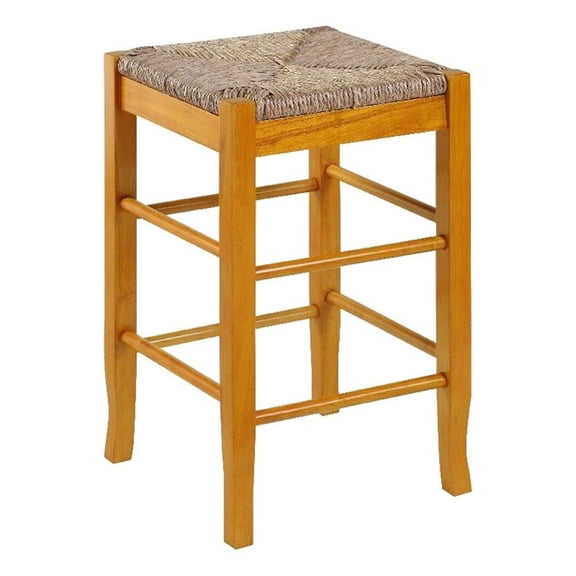 Benjara Chris 24" Counter Stool with Wood Frame- Handwoven Rush Seat- Oak Brown