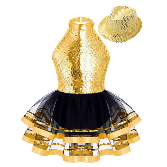 iiniim Kids Girls Modern Jazz Latin Tap Dance Shiny Sequins Halter Ballet Tutu Dress with Hat Gold 8