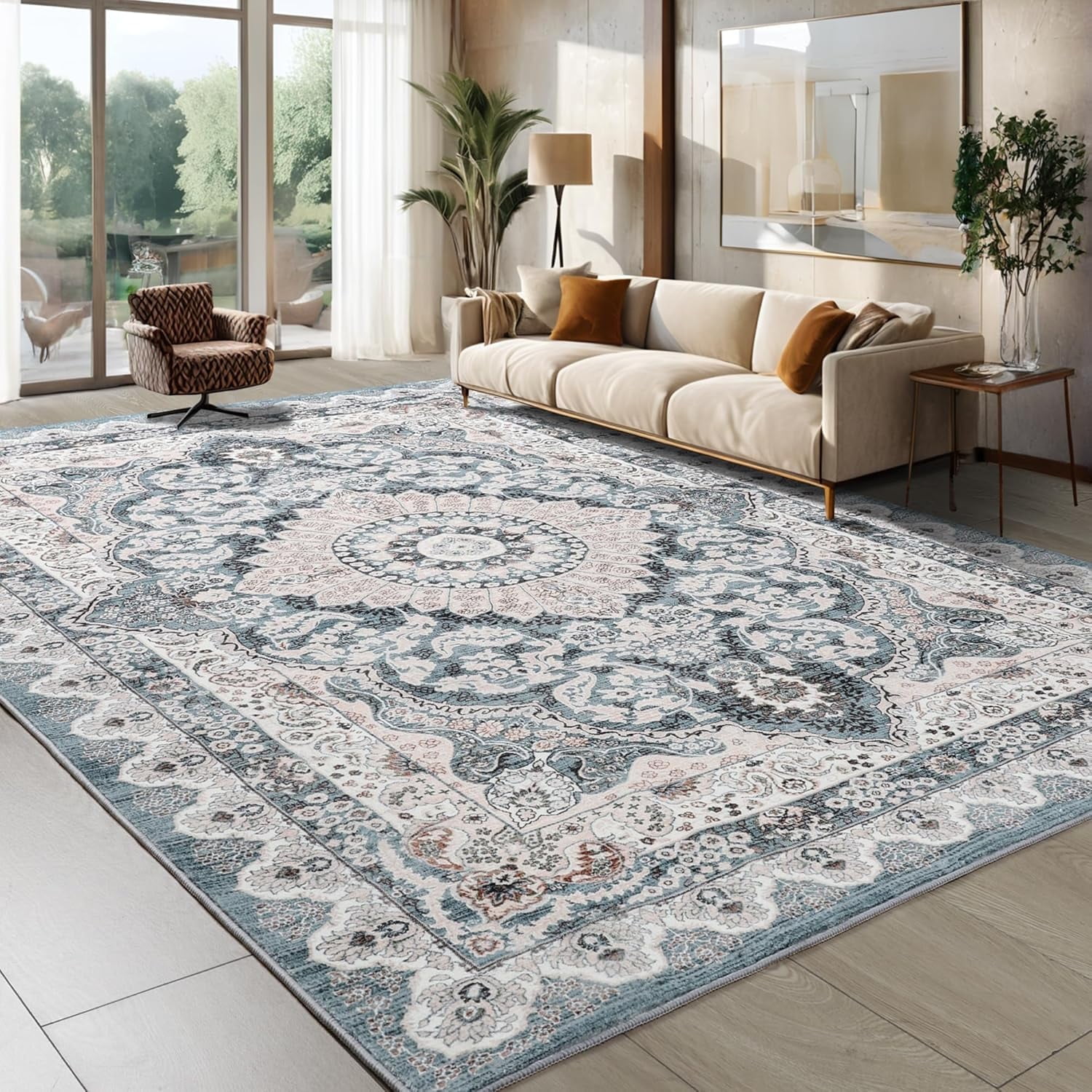 Junovo 4'x6' Area Rugs for Living Room Bohemian Rug Floor Carpet, Blue