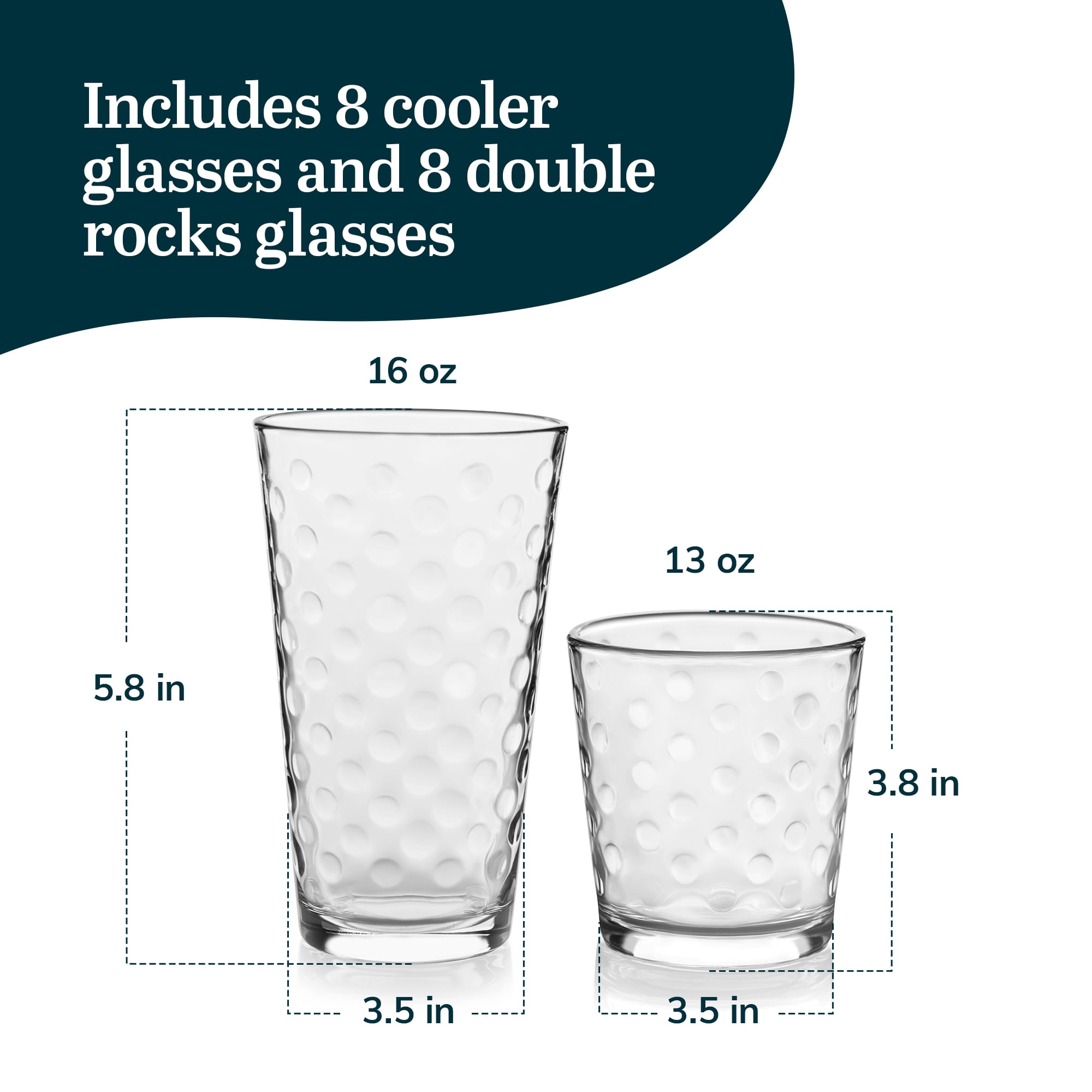 Libbey Awa Tumbler and Rock Glasses Drinking Set, Elegant Polka Dot Drinking Glasses Set of 16, All Purpose Glass Cups Set for Events and Everyday Use