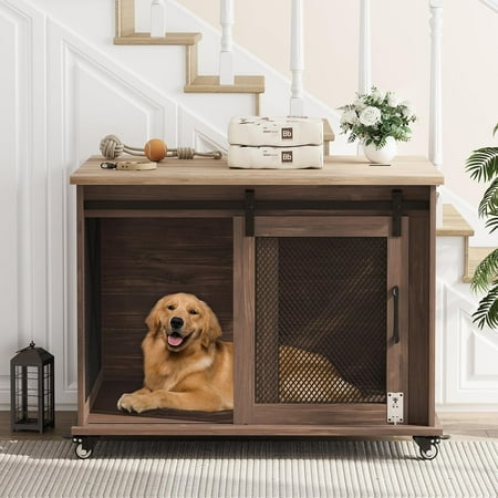 Studyset Dog Crate Furniture with Flip Top 37 Dog Cage Furniture with Sliding Barn Door Wheels and Removable Divider Furniture Style Dog Crate Table Indoor Dog Kennel for Large Dogs