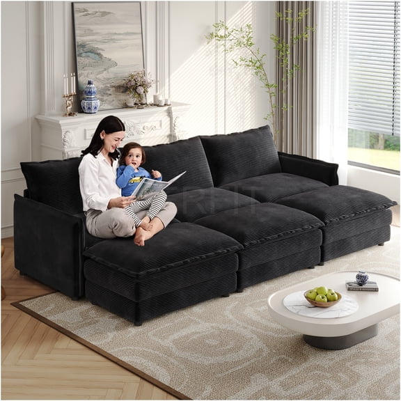 JERFIT Modern 3-Piece Corduroy Sectional Sofa Set with Movable Ottomans, Deep Seat Recliner Couch for Living Room