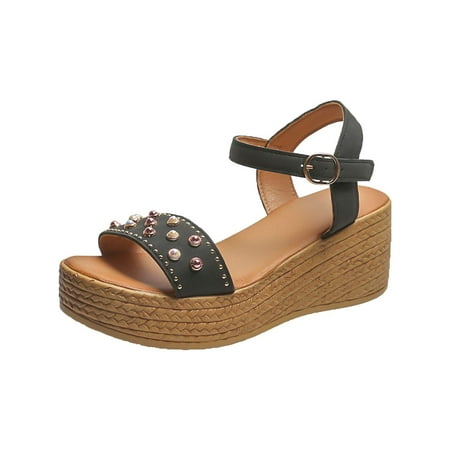 

kakina CMSX Sandals for Women New Fish Mouth Retro Wedge Heel Platform Sandals Female Foreign Trade Roman Sandals Black 6.5