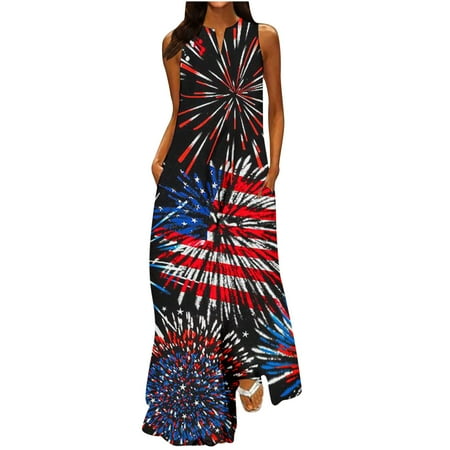 

Hvyesh Summer Dresses for Women 2023 Casual Patriotic Long Dress Independence Day Print V Neck Sundresses Sleeveless Vacation Dresses Black