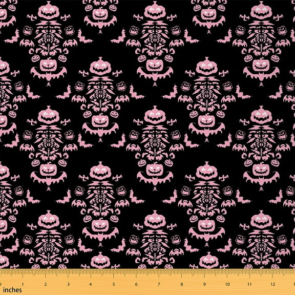 jejeloiu Vintage Damask Jacquard Fabric by the Yard 1 Yard,Halloween Theme Pumpkin Home Decor Fabric by the Yard,Lightpink Black Sewing Fabric For Boys Kids,Super Cozy Room Decoration