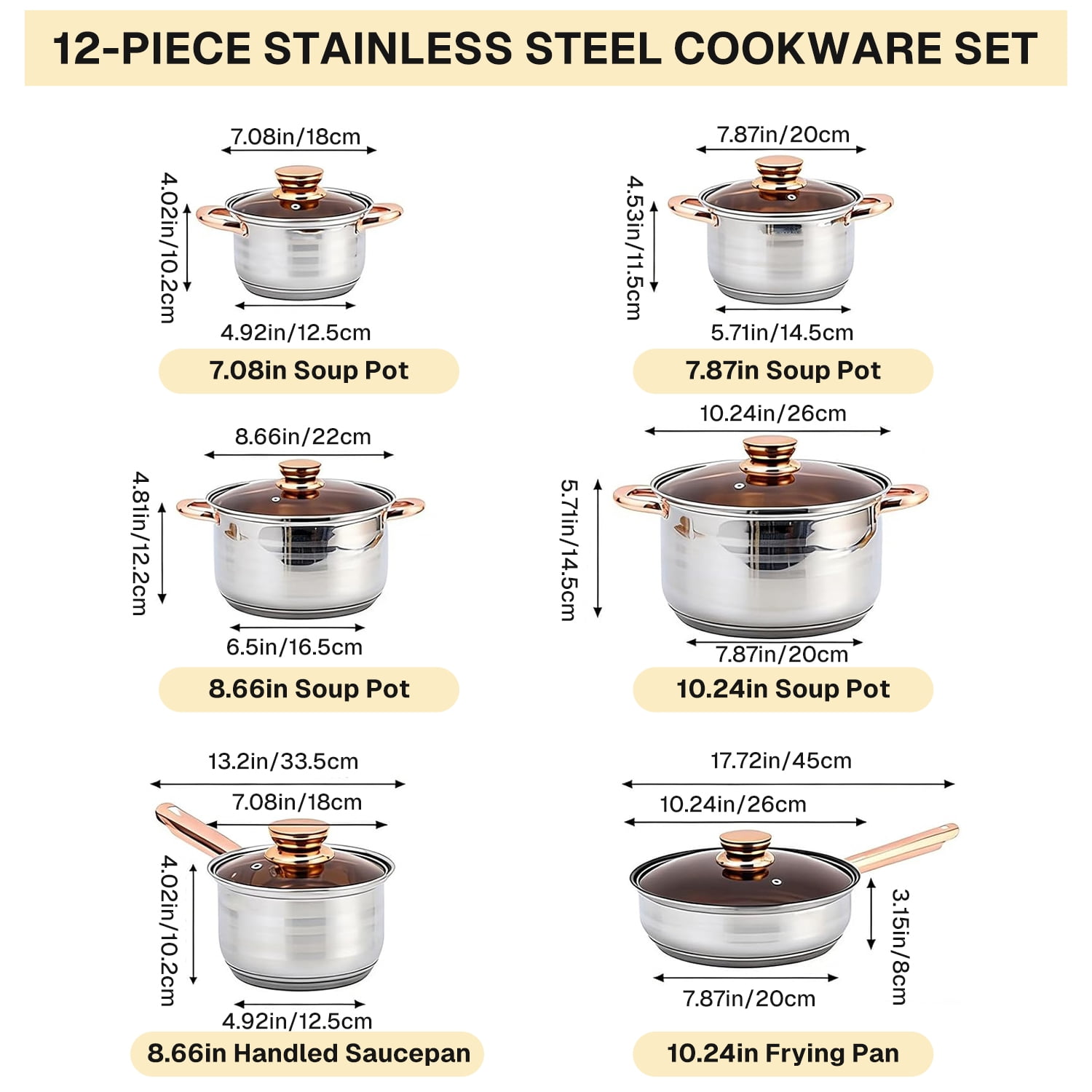 Behome 12Pcs Stainless Steel Cookware Set, Pots and Pans Set with Ergonomic Handles, Compatible with Induction, Electric, Gas Cooktops, Dishwasher Safe