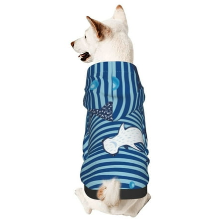 Cauagu Sharks on White Blue Striped Pattern Winter Pet Hoodie Sweatshirts- Dog Hoodie Sweater with Leash Hole - Cute Dog Hoodie - Pet Clothes Puppy Cat Custume -X-Small
