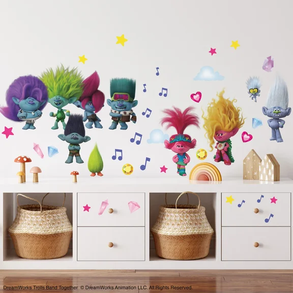 Dreamworks RMK5435SCS Trolls 3 Band Together 31 Glitter Wall Decals Kids Favorite Room Stickers