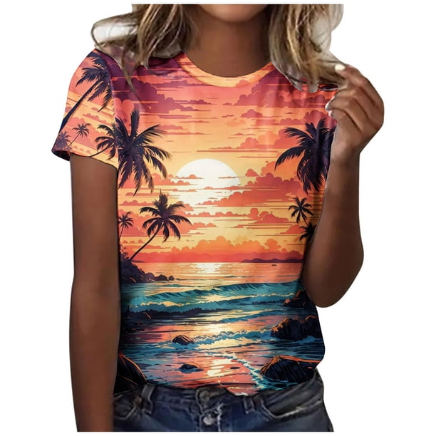 Blusas de Manga Corta para las Mujeres Imprimir Cuello Redondo, Camiseta Casual para Primavera Verano Diario