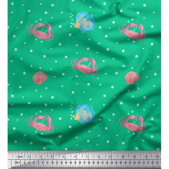 Soimoi Green Cotton Duck Fabric Dots & Crab Ocean Fabric Prints By Yard 44 Inch Wide