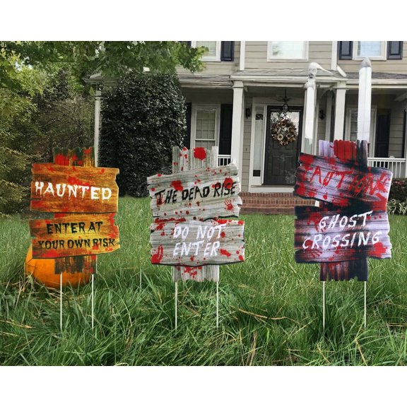 Active Mind Ltd 3Pcs Halloween Yard Signs, Spooky Warning Signs with Stakes for Haunting Lawn & Yard Decor, Halloween Yard Decorations