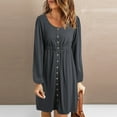 thumbnail image 2 of Fesfesfes Women Dress Casual Fall Solid Sexy U-Neck Buttons Long Sleeve Waist Dress Clearance Under $10, 2 of 8