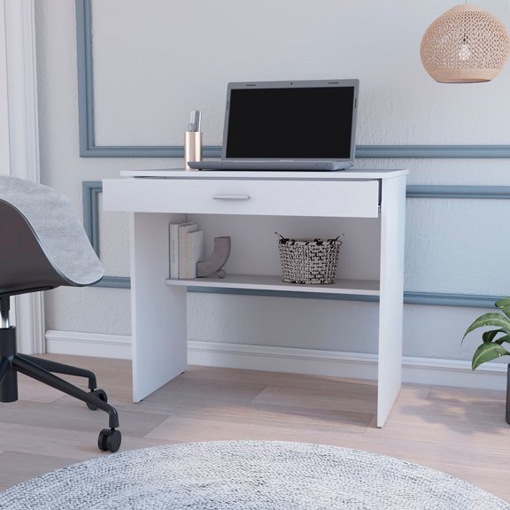 Timeless White Storage Desk With Drawer And Shelf For Work Efficiency Roomy Office Tasks