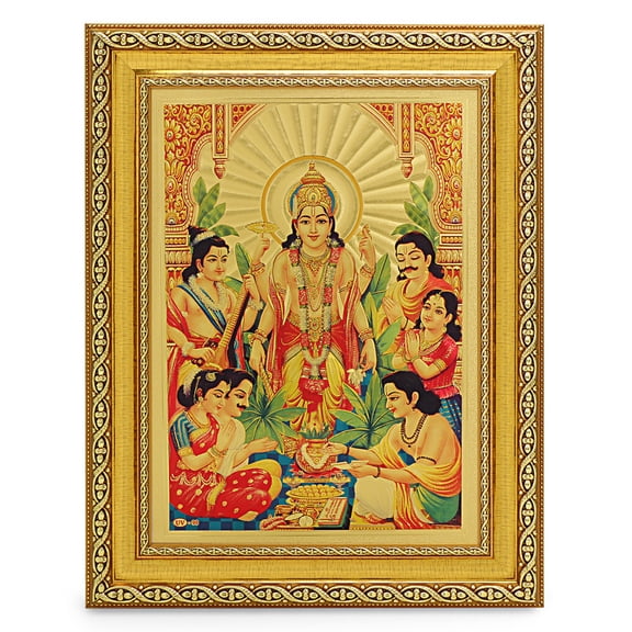 Bm Trades Satyanarayan Poojan Beautiful Golden Foil Photo In ArtWork Golden Frame (11 x 14 Inch)OR(27.94 X 35.56 Cm) Housewarming Gifts