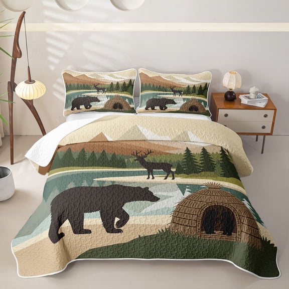 Manfei Wild Bear Twin Quilt Set,Vintage Animals Twin Coverlet Set,Brown,2 Pieces