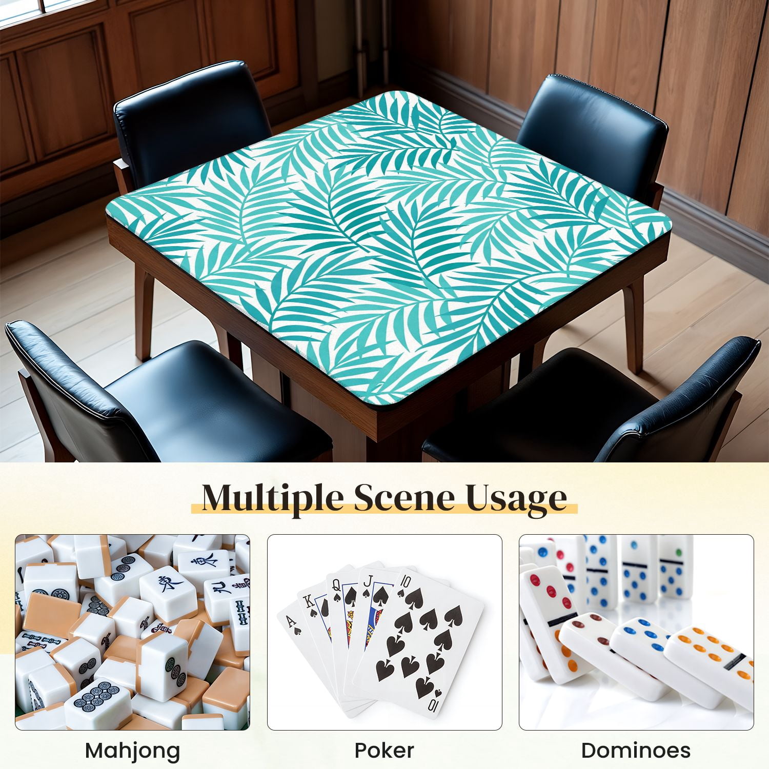 Mahjong Mat 31.5" x 31.5" Tropical leaves Anti-Slip and Noise Reduction Symmetry Design Mahjong Tiles Table Cover for Dominoes Poker Card Board and Tile Games