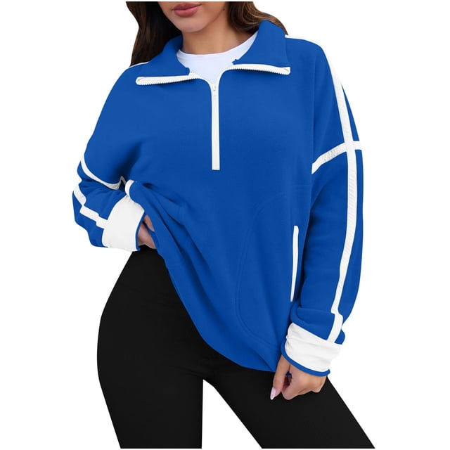 Lenpel Chandails Molletonnés pour Femmes Décontractés à Manches Longues Demi-Col à Revers Zip en Molleton Chaud Chandail à Enfiler Chandails Automne Hiver Vêtements Mode (Bleu, Petit)