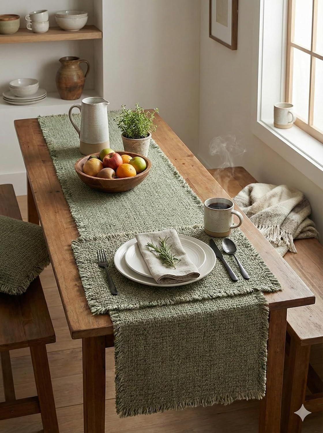 181 Degrees  Sage GreenTable Runner 19x92 with Placemats 14x19 Set, Farmhouse Table Decor, Textured Dining Table Runner & Placemat Set