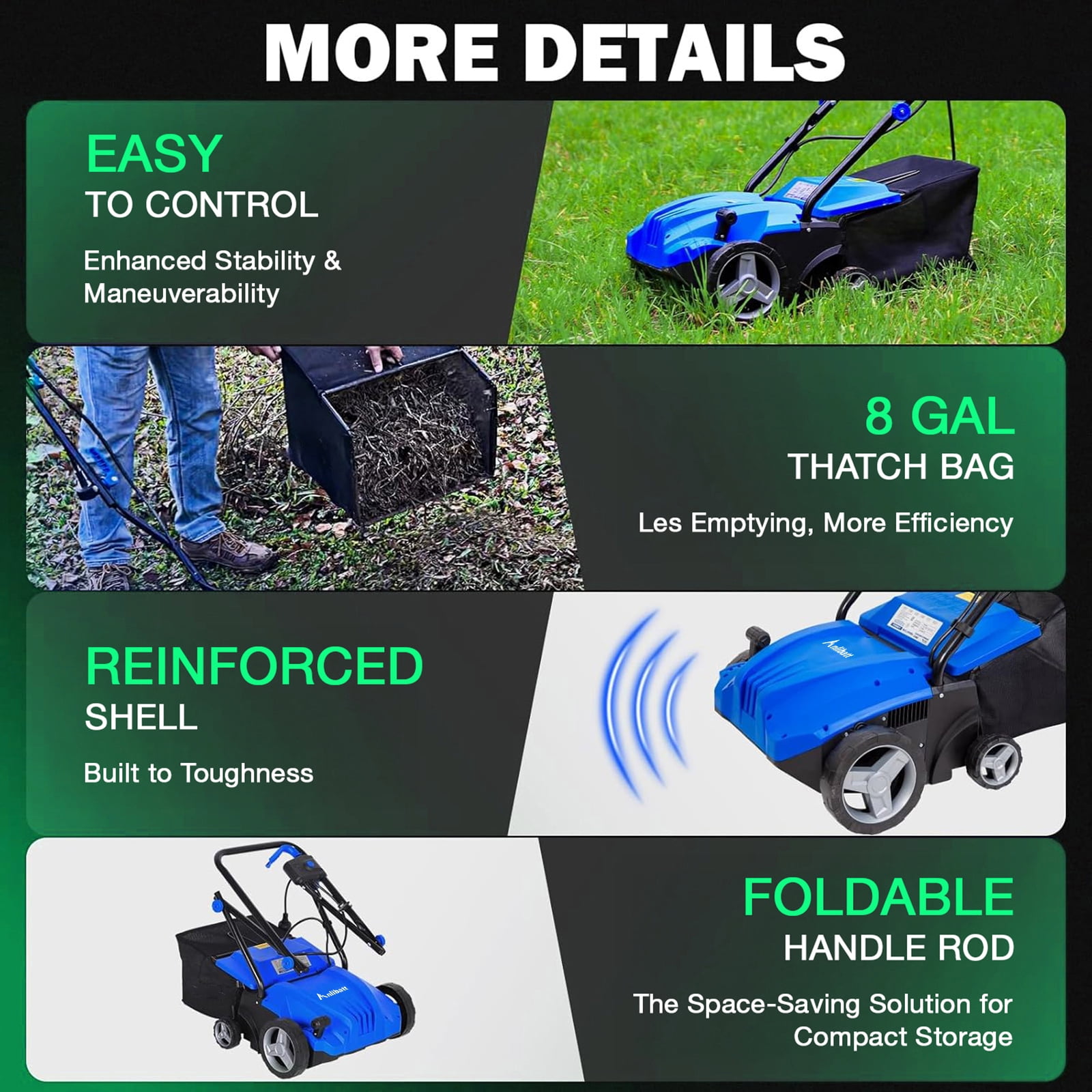 ANLIBATT 13" Dethatcher Corded Electric Scarifier 12 Amp 2 in 1 Walk Behind 8 Gallon Thatch Bag 4 Position Adjustment Removable for Grass Lawn Yard