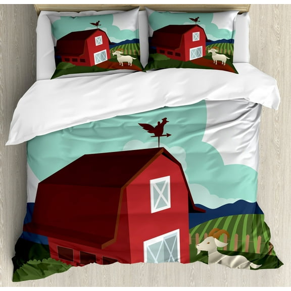 Goat Duvet Cover Set King Size, Rural Cultivated Farmland with Fresh Organic Crops and Country Animals Graphic Image, Decorative 3 Piece Bedding Set with 2 Pillow Shams, Multicolor, by Ambesonne