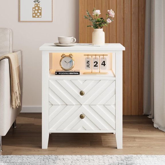 WALYWIK V Nightstand - LED Side Table with Drawers for Bedroom and Living Room