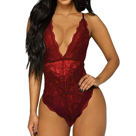 adviicd Red Lingerie Teddy Lingerie for Women Deep V Lingerie Bodysuit Lace One Piece Red M