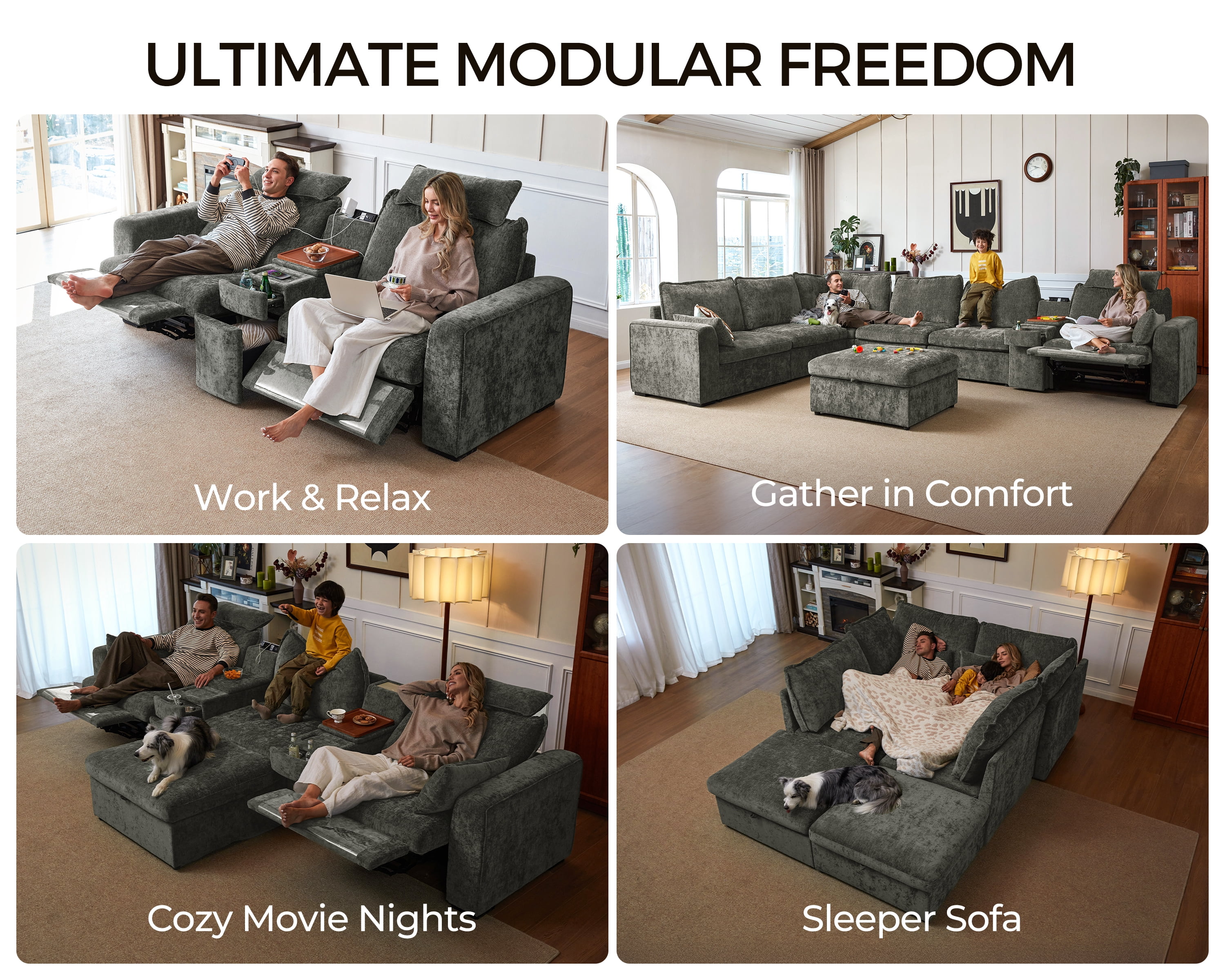 BEDEEP 133.9'' Power Recliner Sofa with Headrest Console, Modular Cloud Sectional Chenille Reclining Couch with Storage Ottoman Chaise, Convertible 6-Seater Sofa Couch for Living Room RV, Gray