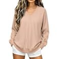 thumbnail image 2 of SSZMDLB Women Sweater Long Sleeve Loose Fit Casual Pullover Tops Solid Color Fall Winter Basic Soft Knit Blouses, Beige XL, 2 of 6