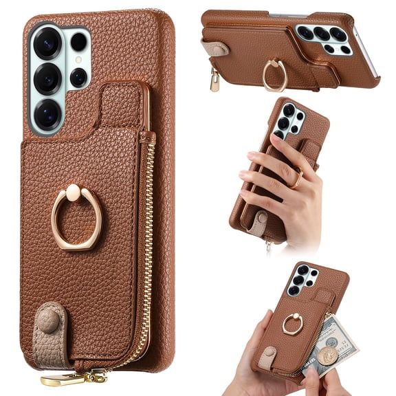 Allytechgroup Wallet Case for Samsung Galaxy S26 Ultra, [Support Car Mount], Business PU Leather Ring Kickstand Cover with Card Slots & Zipper Pocket, RFID Blocking Shockproof Protective Case, Brown