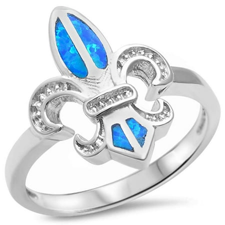 Fleur De Lis Solid Ring - Sterling Silver Lab Created Blue Opal Fleur De Lis Ring Sizes 5-10
