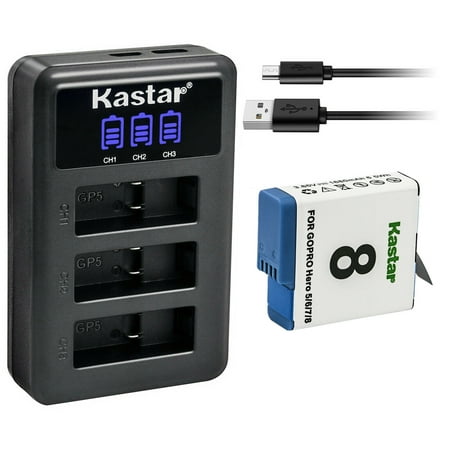 Kastar 1 Pack Battery and LCD Triple USB Charger Compatible with GoPro HERO8 HERO 8 AHDBT-801 AHBBP-801 AHDBT-501 AHBBP-501 AABAT-001 SPJB1B HERO 601-27537-000 601-10197-000 HERO 2018 Camera