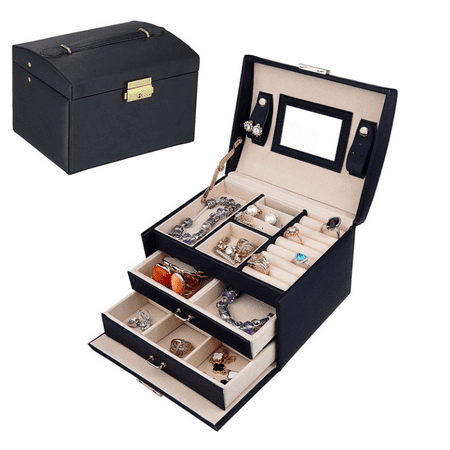 Black Leather Jewelry Box 3-Layer Travel Jewelry Case Lockable Jewelry Box Leather Mirrored Organizer Gift for Women & Girls Holder for Earring Ring Necklace & Bracelet (Black) ()