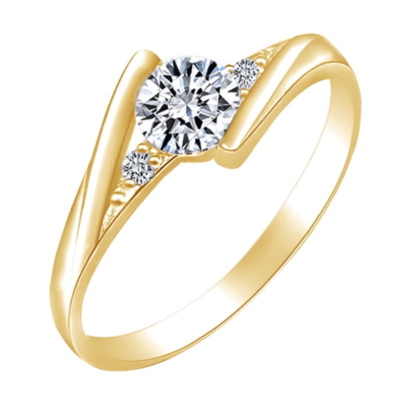 AFFY Round Shape White Cubic Zirconia 14k Yellow Gold Over Sterling Silver Three Stone Engagement Ring