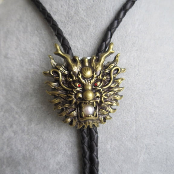 Vintage Bronze Plated Real White Pearl Dragon Bolo Tie Leather Necklace