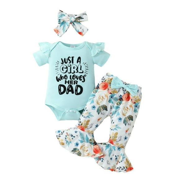 JYYYBF Baby Girls Spring Outfits Short Sleeve Romper   Bowknot Flare Pants   Headband Set Newborn Clothes