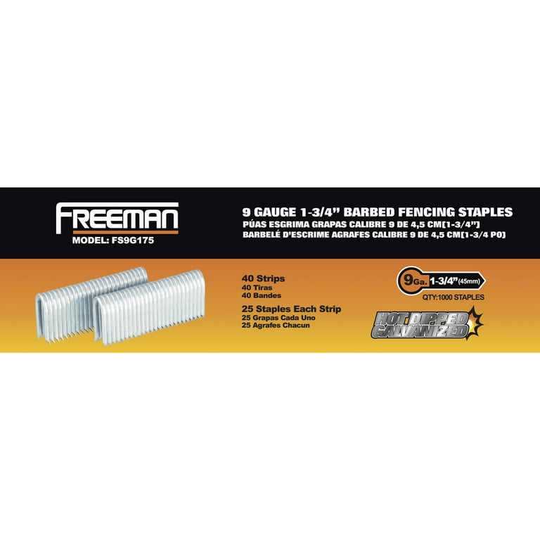 Freeman FS9G175 1-3/4 in. 9-Gauge Hot Dipped Galvanized Divergent Barbed Tip Fencing Staples (1,000-Pack) Freeman FS9G175 1-3/4 in. 9-Gauge Hot Dipped Galvanized Divergent Barbed Tip Fencing Staples (1,000-Pack)