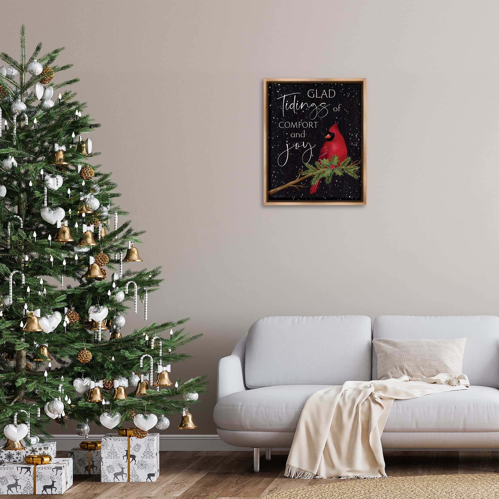 Stupell Industries Comfort & Joy Cardinal Holiday Painting Brown Floater Framed Canvas Art Prints Wall Art, 25 x 31