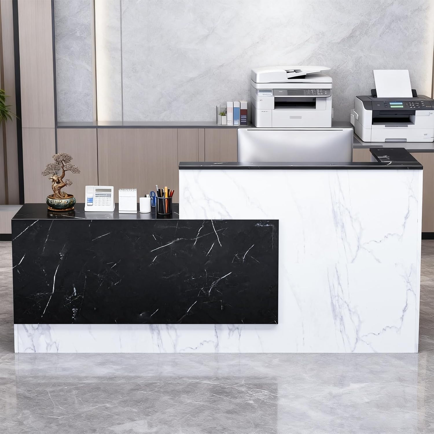 Vakiorn Reception Desk with Lockable Drawers 71x24x41in L Shaped Wooden Storage Keyboard Tray Right Black and White