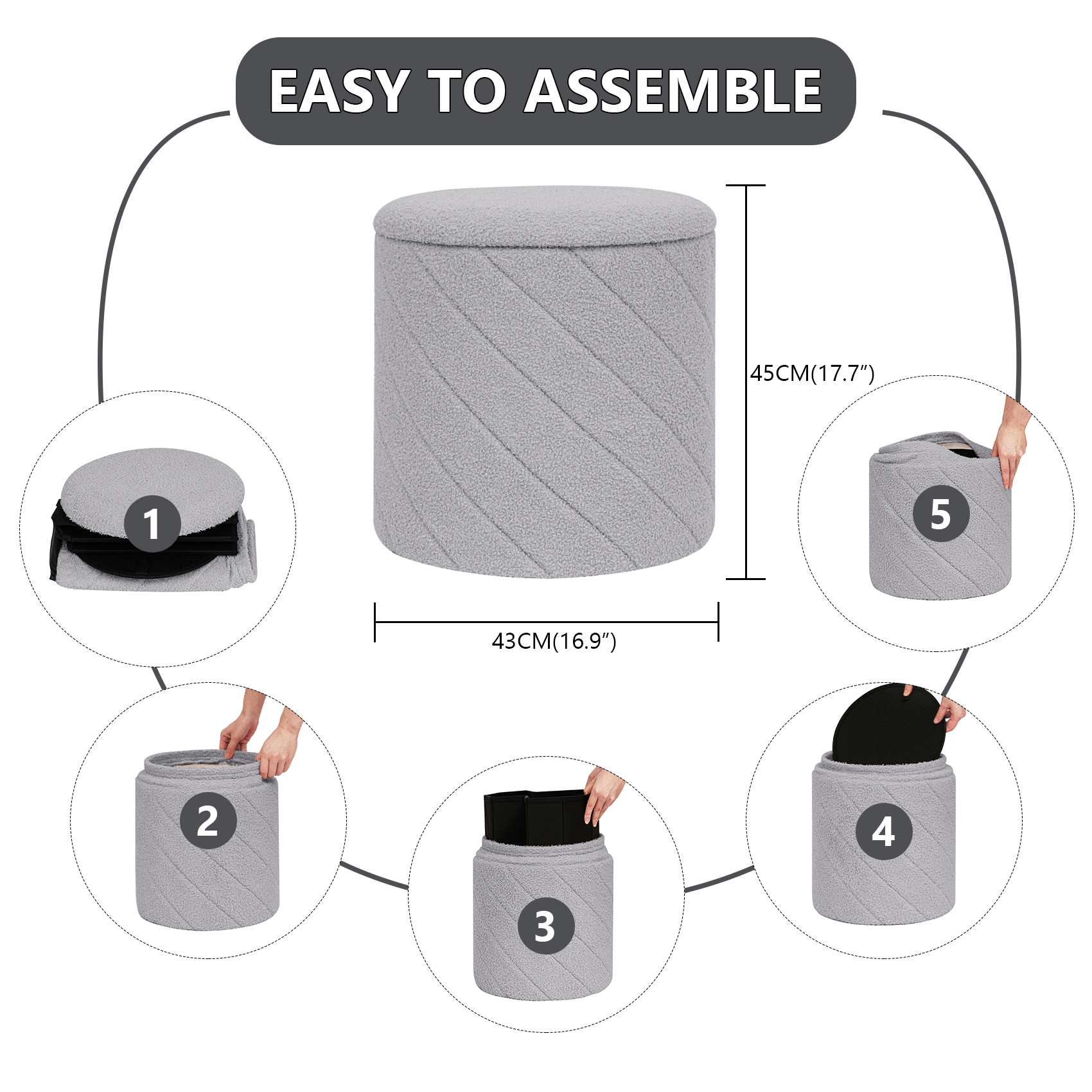 PINPLUS 16.9" Storage Ottoman with Tray Collapsible Foot Rest Stool Seat for Living Room Grey,Sherpa Fabric