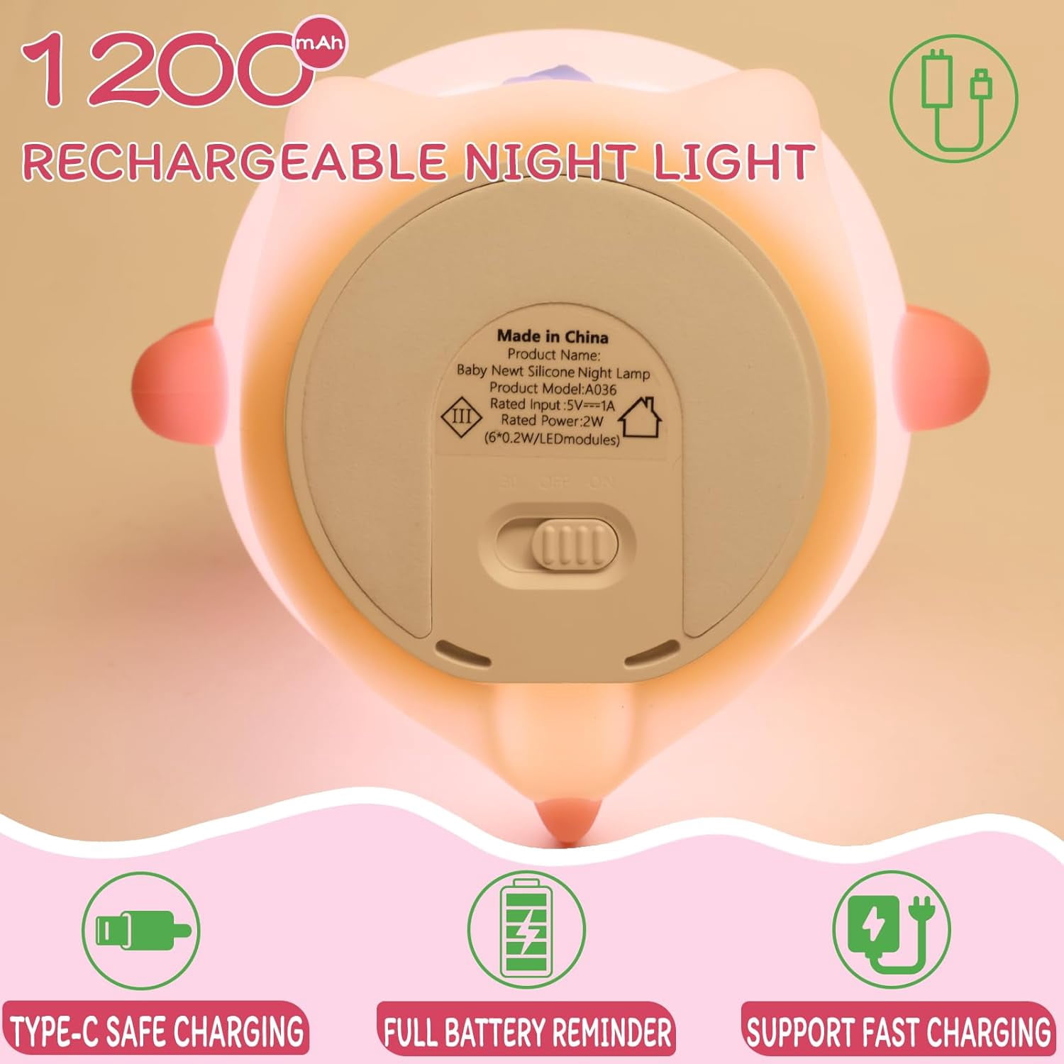 Night Light for Kids - 3-Level Dimmable Silicone Lamp, USB-C Rechargeable Nursery Light with Auto-Off Timer for Bedroom & Breastfeeding