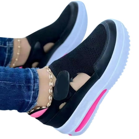 

Woman Wedge Platform Sneakers Knitted Upper Hook & Loop Slip-on Flat Shoes 38 Black