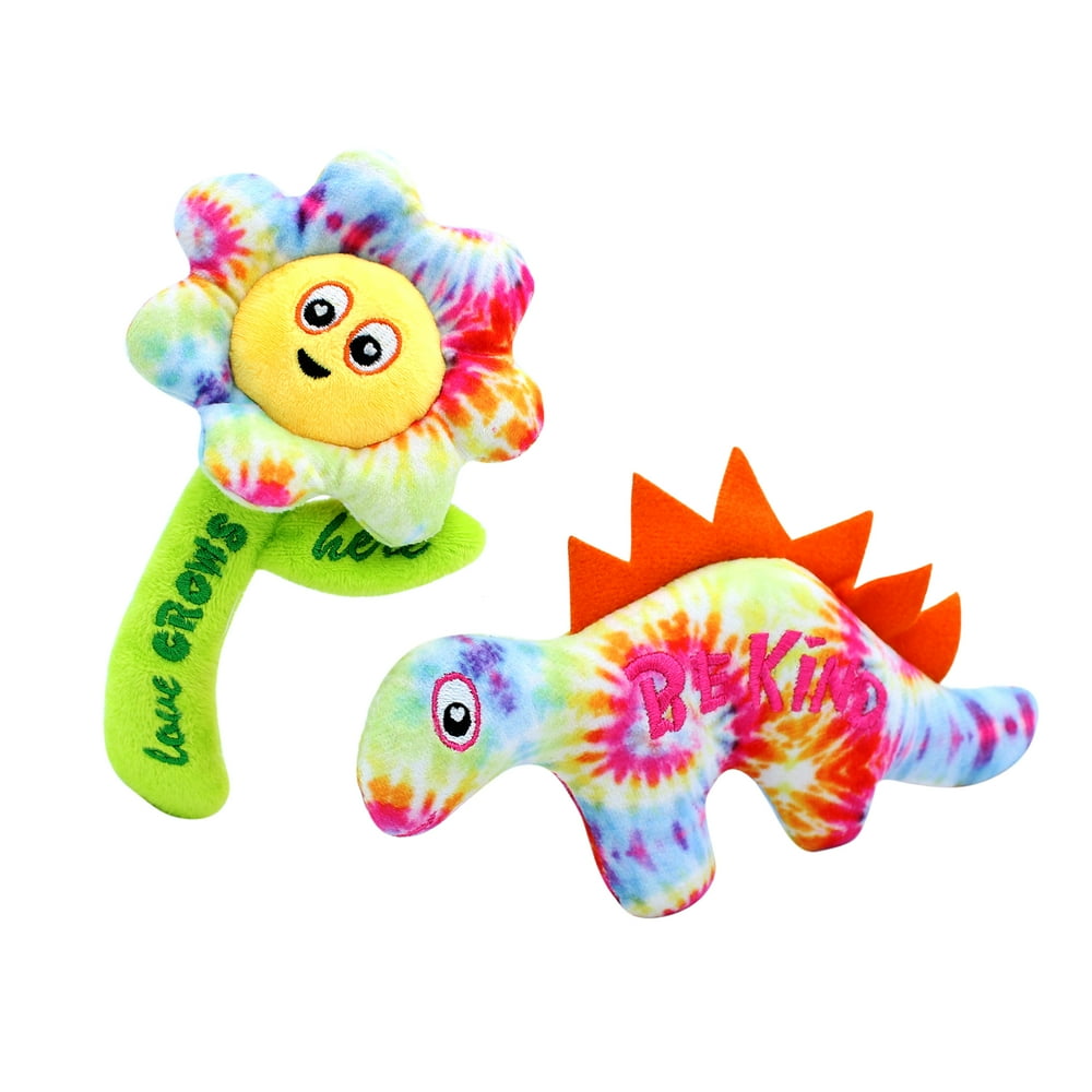 Vibrant Life Flower/Dino Plush Dog Toys, Tie Dye, 2pk