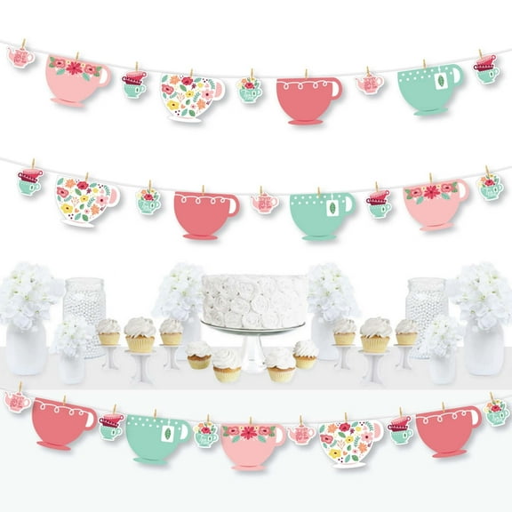 Big Dot of Happiness Floral Let's Par-Tea - Garden Tea Party DIY Decorations - Clothespin Garland Banner - 44 Pieces