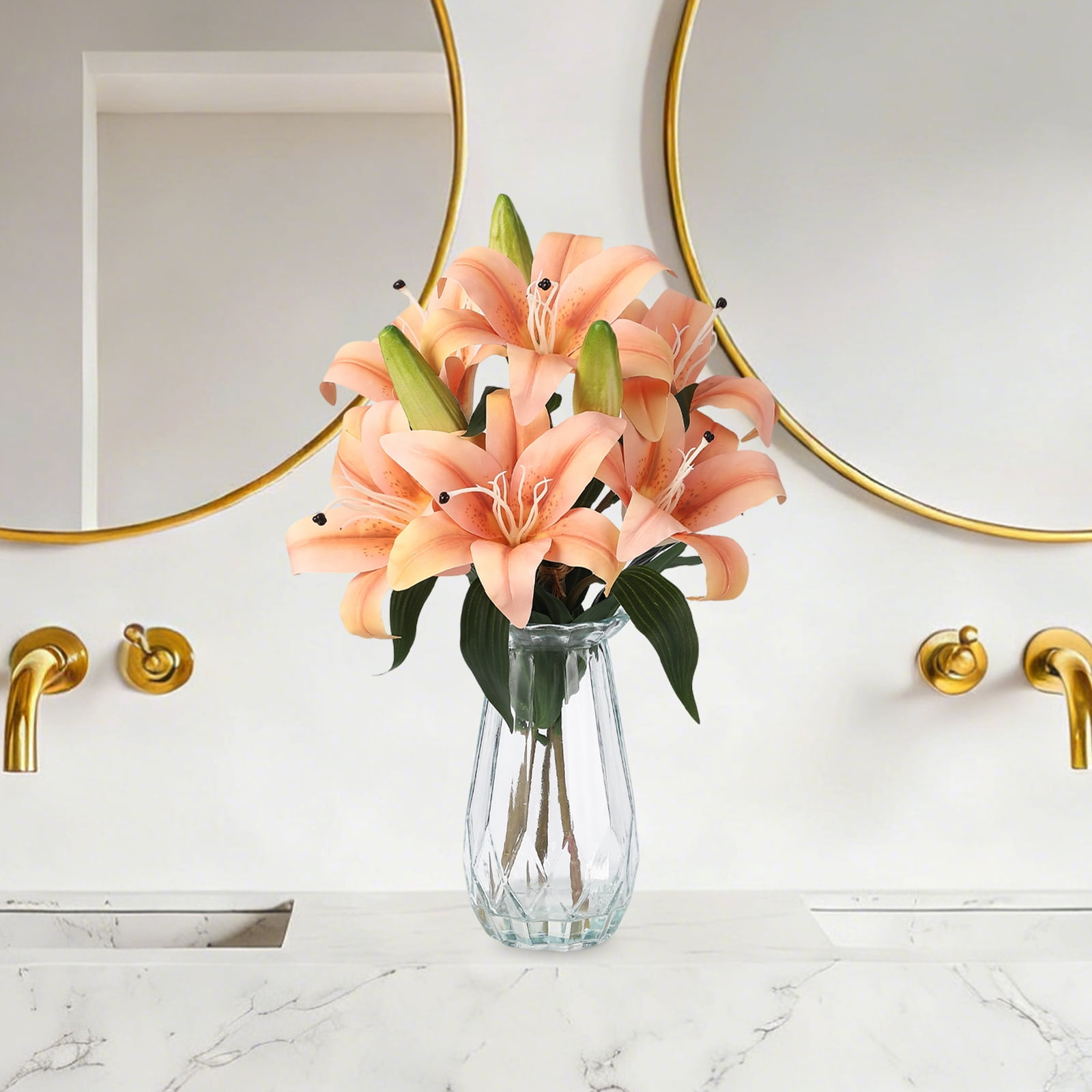 6 Pcs Artificial Tiger Lily Real Touch Easter Lily Fake Spring Flowers with Vase, for Indoor Outdoor Home Decor, Wedding Centerpieces, Cemetery Memorial Flowers