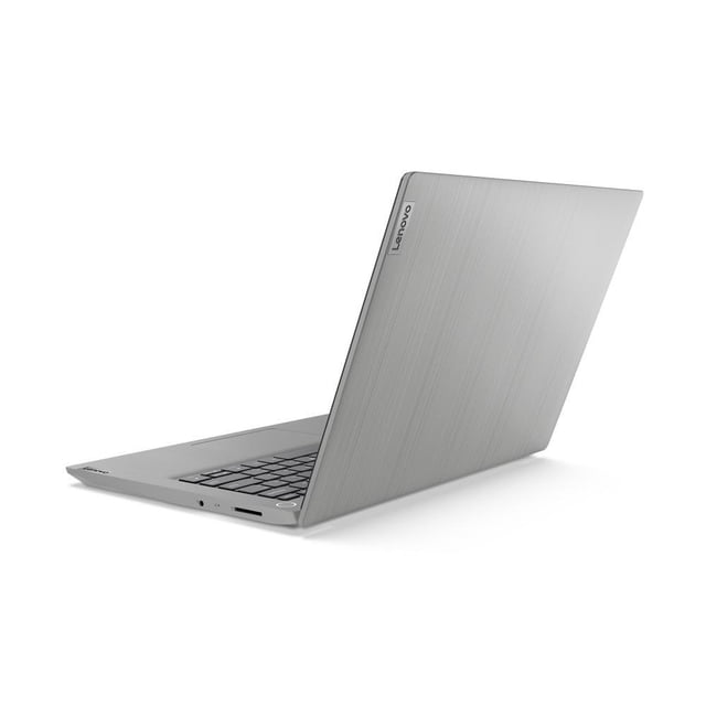 laptop lenovo ideapad 3i intel core i5 gen 10th 8gb ram 512gb ssd Gris 14" vista 3/4 trasera con tapa parcialmente abierta, acabado cepillado en aluminio gris, teclado en inglés visible, ranura para tarjeta SD y puertos HDMI y USB en el lateral, perfil delgado en cuña; Intel Core i5 10210U, 8GB RAM y 512GB SSD, pantalla 1920 x 1080, también apta para tareas de oficina y uso portátil.