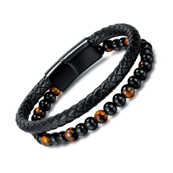 NICKSUN Tiger Eye Leather Bracelet Beaded Bracelet for Men- Double Layer Black Leather Bracelets Wristband Jewelry, Trendy Design Gift for Men