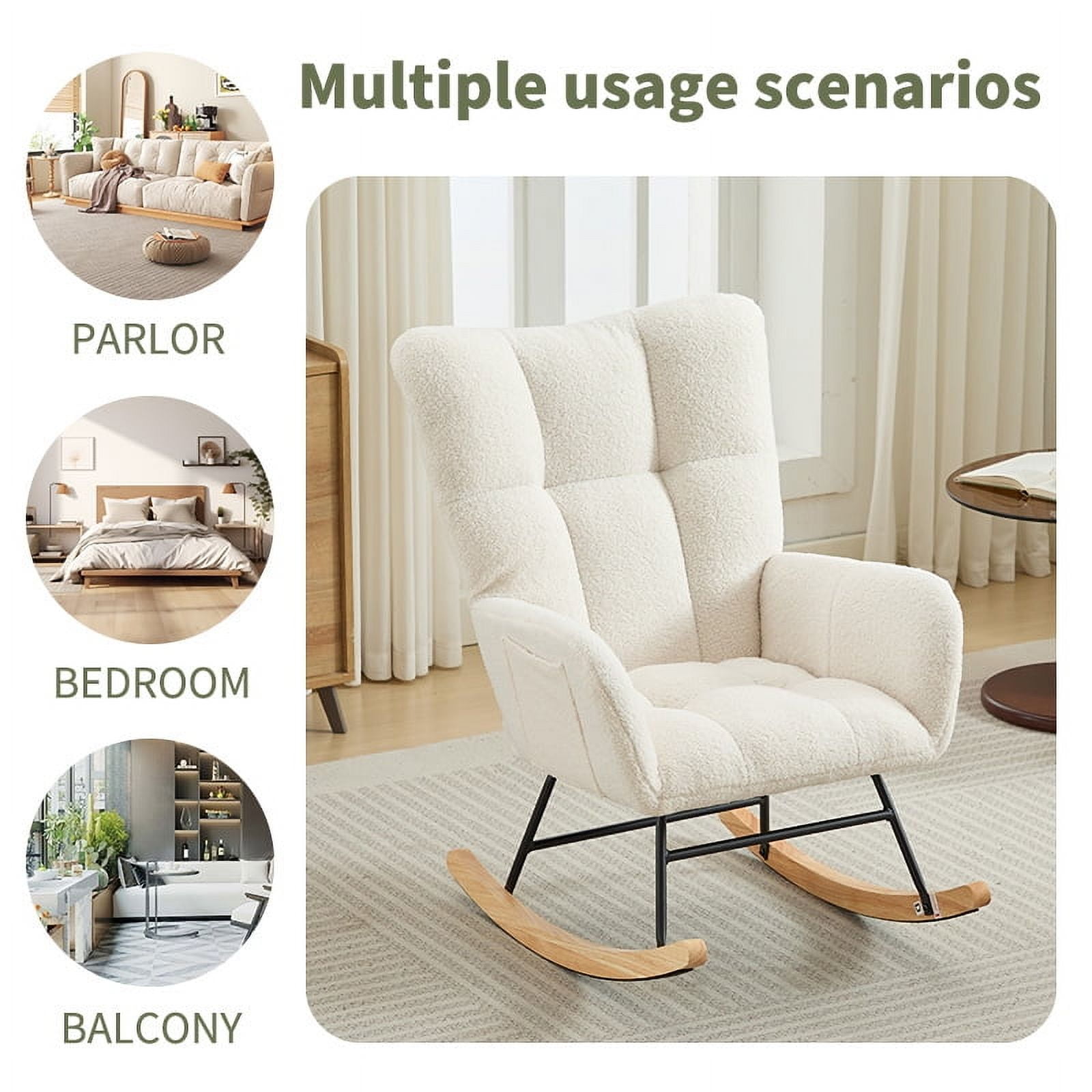 BISHE Modern Nursery Rocking Chair Upholstered Glider Chair with High Backrest Rocker Accent Armchair with Solid Wood Legs for Nursery Bedroom Living Room Teddy, White