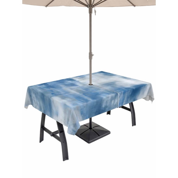 Outdoor Tablecloth with Umbrella Hole for Patio/Picnic/Party/Camping, Abstract Blue Waterproof Table Cloth Rectangle Table Cover Washable, Modern Simple Painting Art (60"x 84")